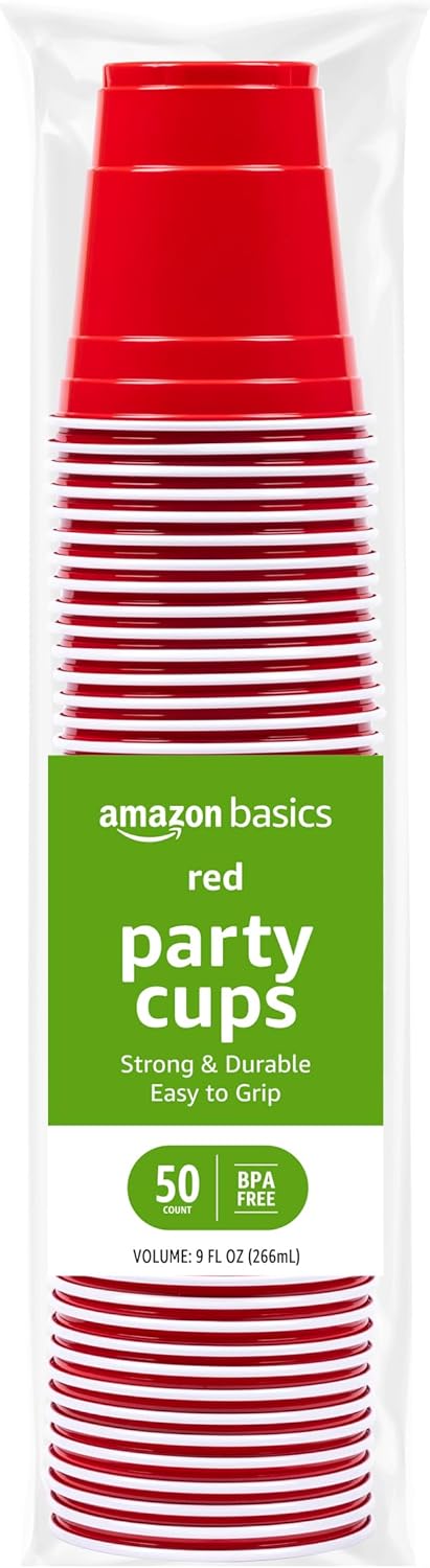 Amazon Basics Disposable Red Plastic Party Cups, BPA-Free, 18oz, for Birthdays, BBQs and Events, 120 Count
