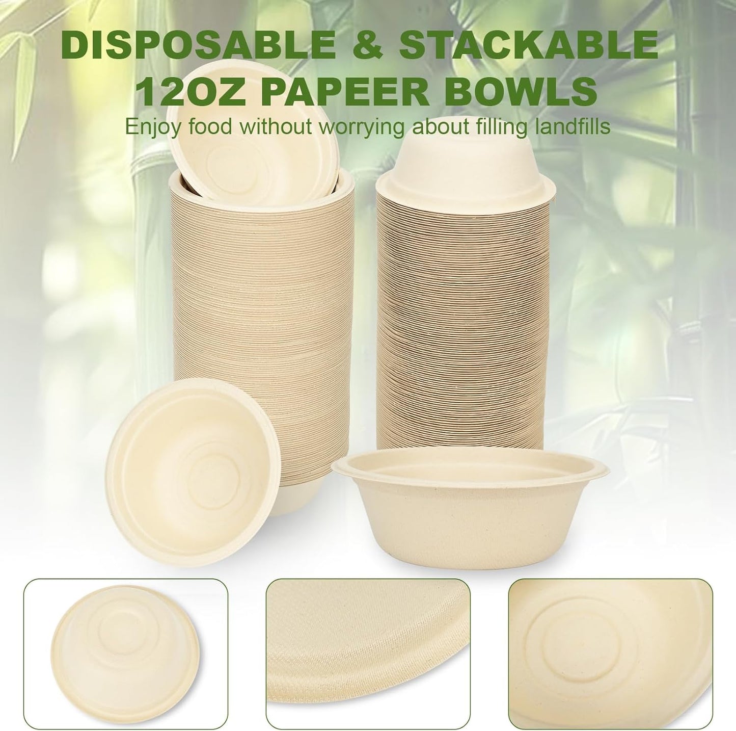 125 Pack 12 OZ Paper Bowls, Natural Compostable Disposable Soup Bowls, Eco-Friendly Bagasse Serving Plates and Bowls for Hot Food or Cold Use