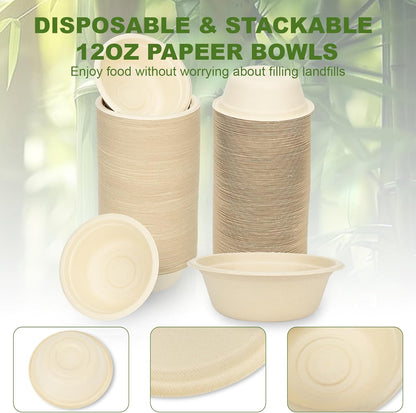 125 Pack 12 OZ Paper Bowls, Natural Compostable Disposable Soup Bowls, Eco-Friendly Bagasse Serving Plates and Bowls for Hot Food or Cold Use