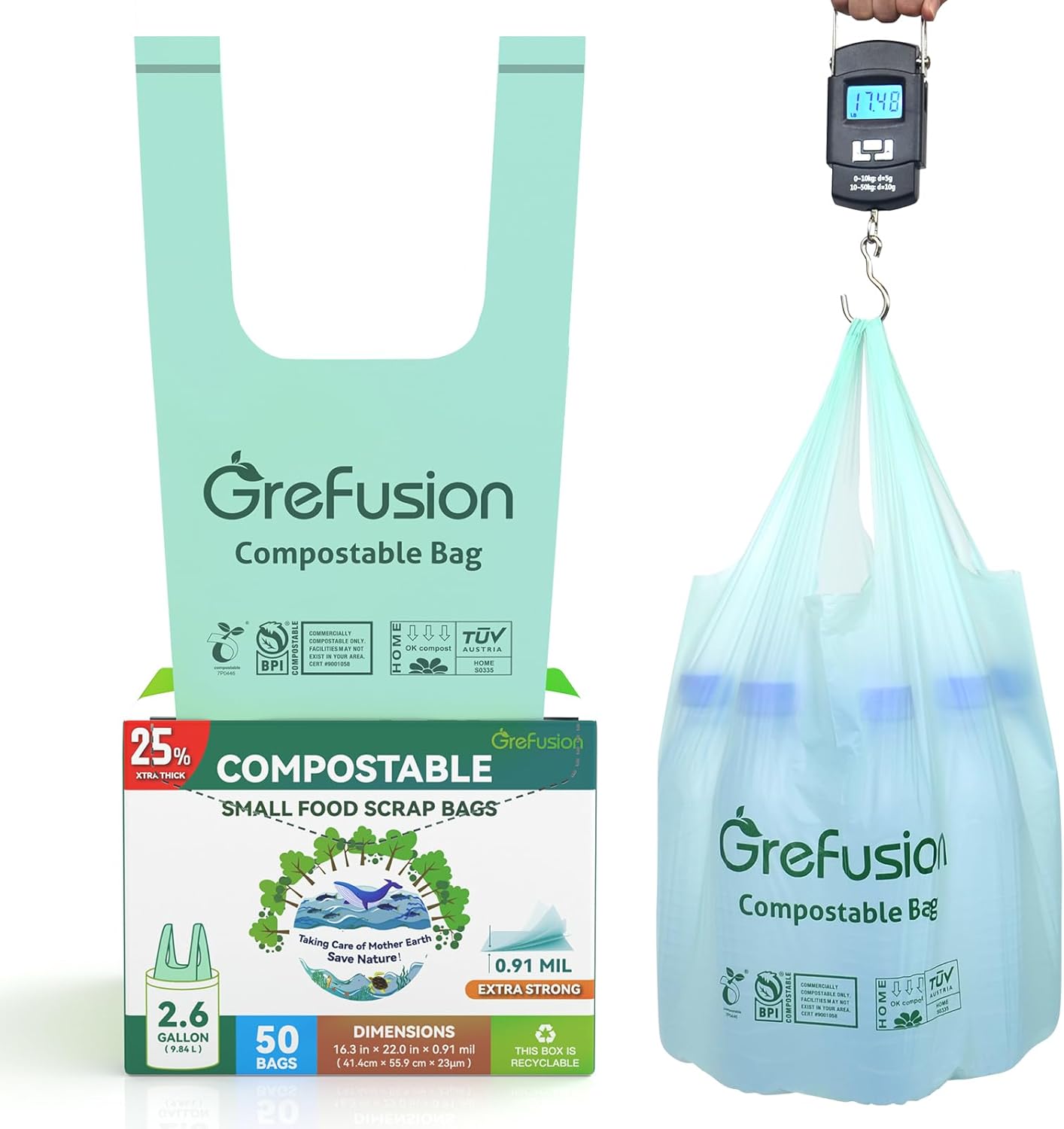 GreFusion Compostable Bags for Kitchen Compost Bin, 1.2 Gallon, 125 Count, Certified by BPI and ASTM, Leakproof and Odor Control