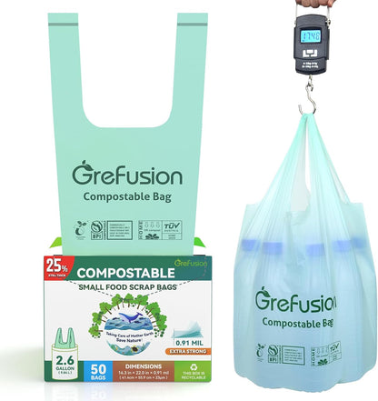 GreFusion Compostable Bags for Kitchen Compost Bin, 1.2 Gallon, 125 Count, Certified by BPI and ASTM, Leakproof and Odor Control