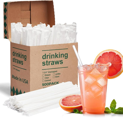 Glotoch Express 500PCS Individually Wrapped Clear Plastic Straws, 7.75'' Long, 0.24'' Diameter Disposable Drinking Straws for Every Occasion, Party, Made in USA