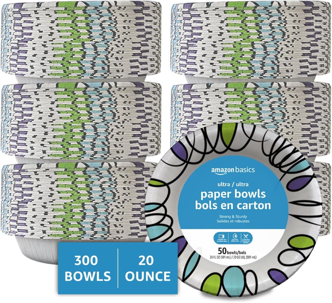 Amazon Basics Ultra Disposable Paper Bowls, 20 Oz, Microwave Safe, Soak Proof, Strong & Sturdy, White, 540 Count (4 Packs of 135)