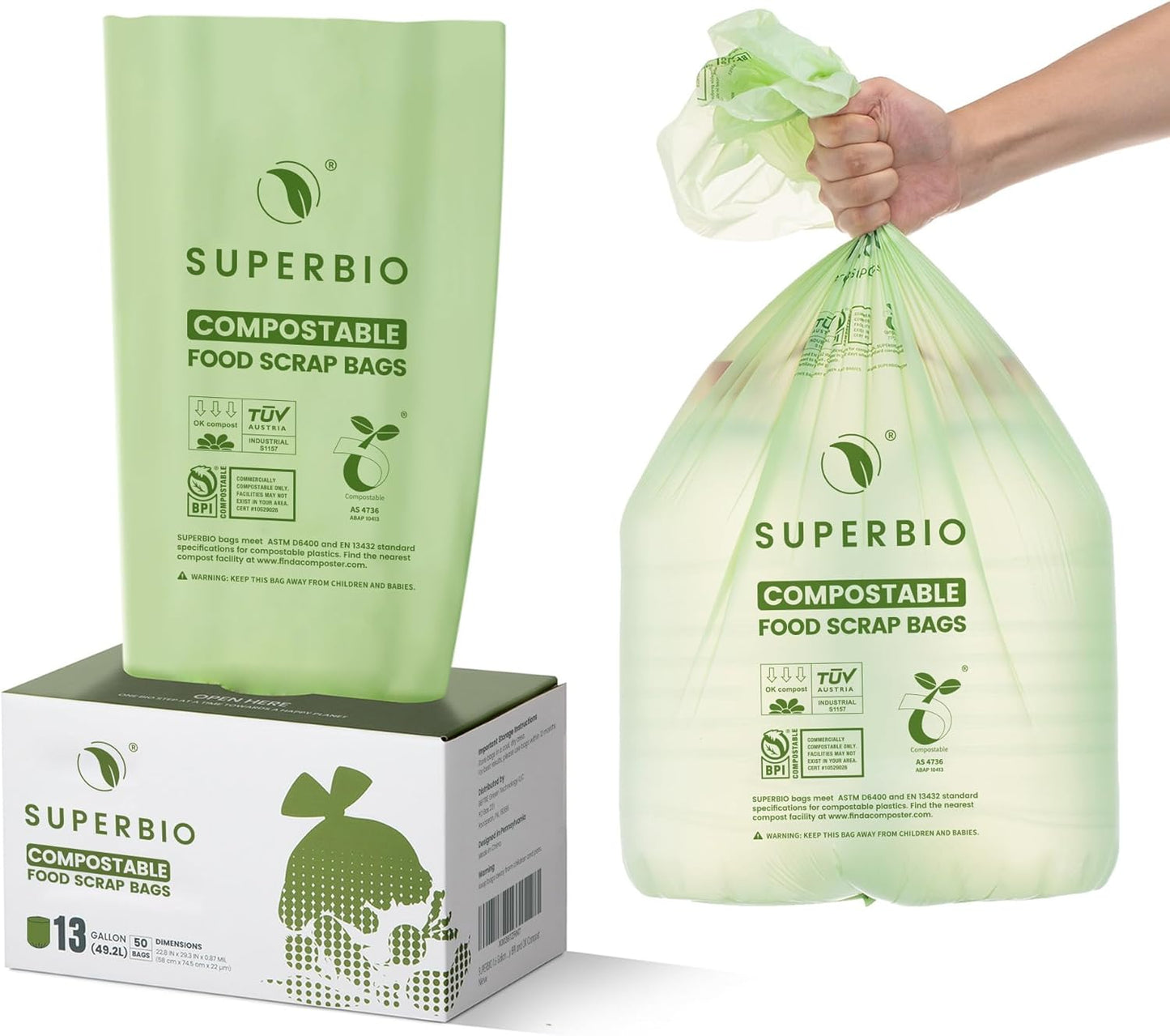 SUPERBIO 2.6 Gallon Compostable Bags with Handles, 100 Count,1 Pack, Food Scrap Bags Certified by BPI and OK compost INDUSTRIAL, 9.84L