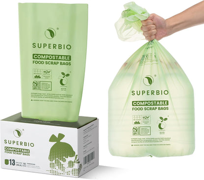SUPERBIO 13 Gallon Compostable Kitchen Waste Bags with Handles, Food Scrap Bags Certified by BPI, OK compost INDUSTRIAL, 30 Count, 49.2L