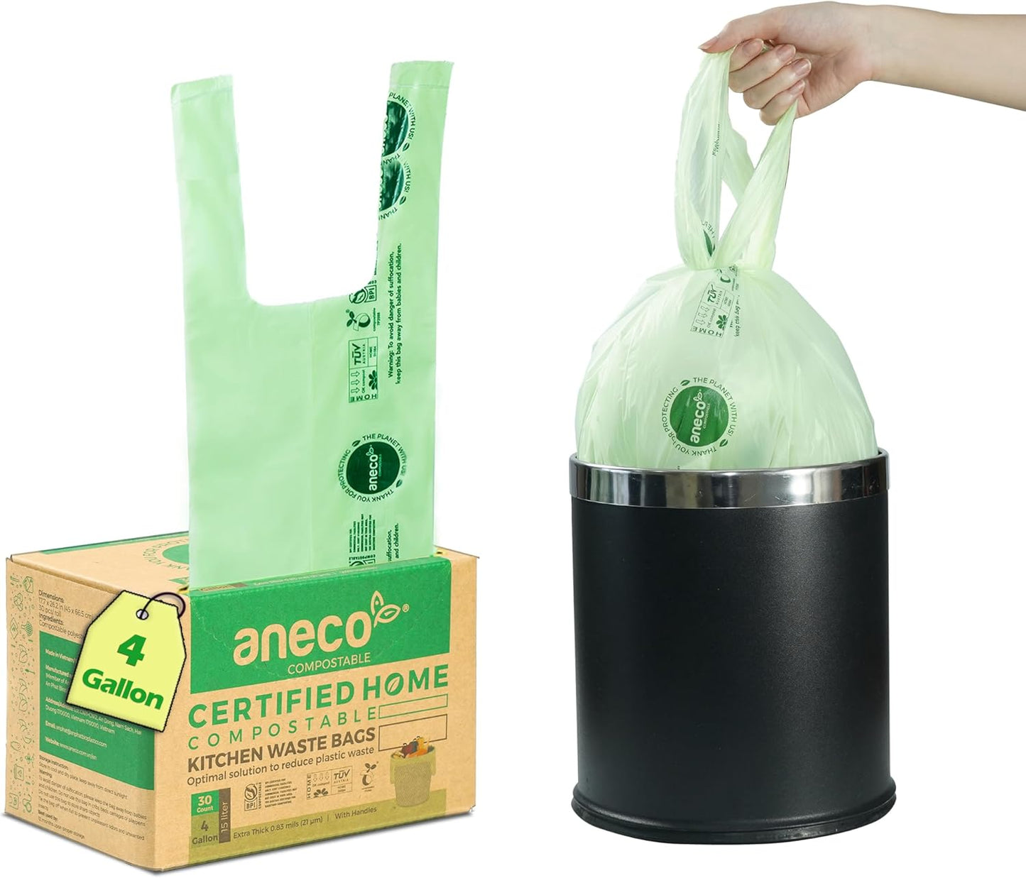 (Include 10 Bonus Bags) ANECO 100% Compostable Waste Bags 2.6 Gallon, Extra Thick Kitchen Small Compost Bags for Countertop Bin, 110 Count (100 + 10 Extra)