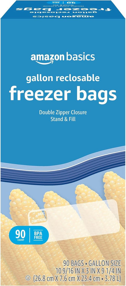 Amazon Basics Reclosable Freezer Quart Food Storage Bags with Zipper Seal, BPA Free, Stand and Fill, Airtight, 120 Count (Previously Solimo)