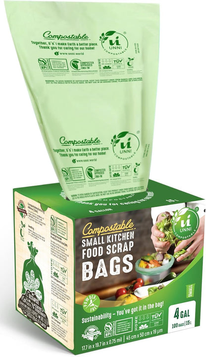 UNNI Compostable Trash Bags, 3 Gallon / 11.35 Liter, 100 Count, Extra Thick 0.71 Mil Small Kitchen Food Scrap Bin Liners, Certified by BPI, CMA & OK compost HOME, Meets the ASTM D6400 Standard