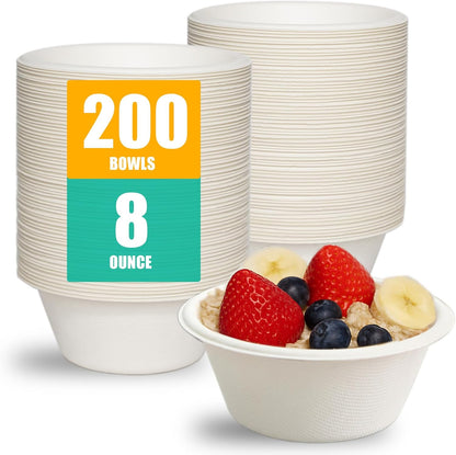 200 Count 12 oz Paper Bowls, Disposable Compostable Bowls Bulk, Heavy Duty Biodegradable Bagasse Bowl for Snacks, Soup, and Salads, White