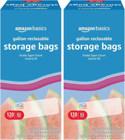 Amazon Basics Reclosable Gallon Food Storage Bags with Double Zipper Seal, Stand and Fill Base, BPA Free, 120 Count