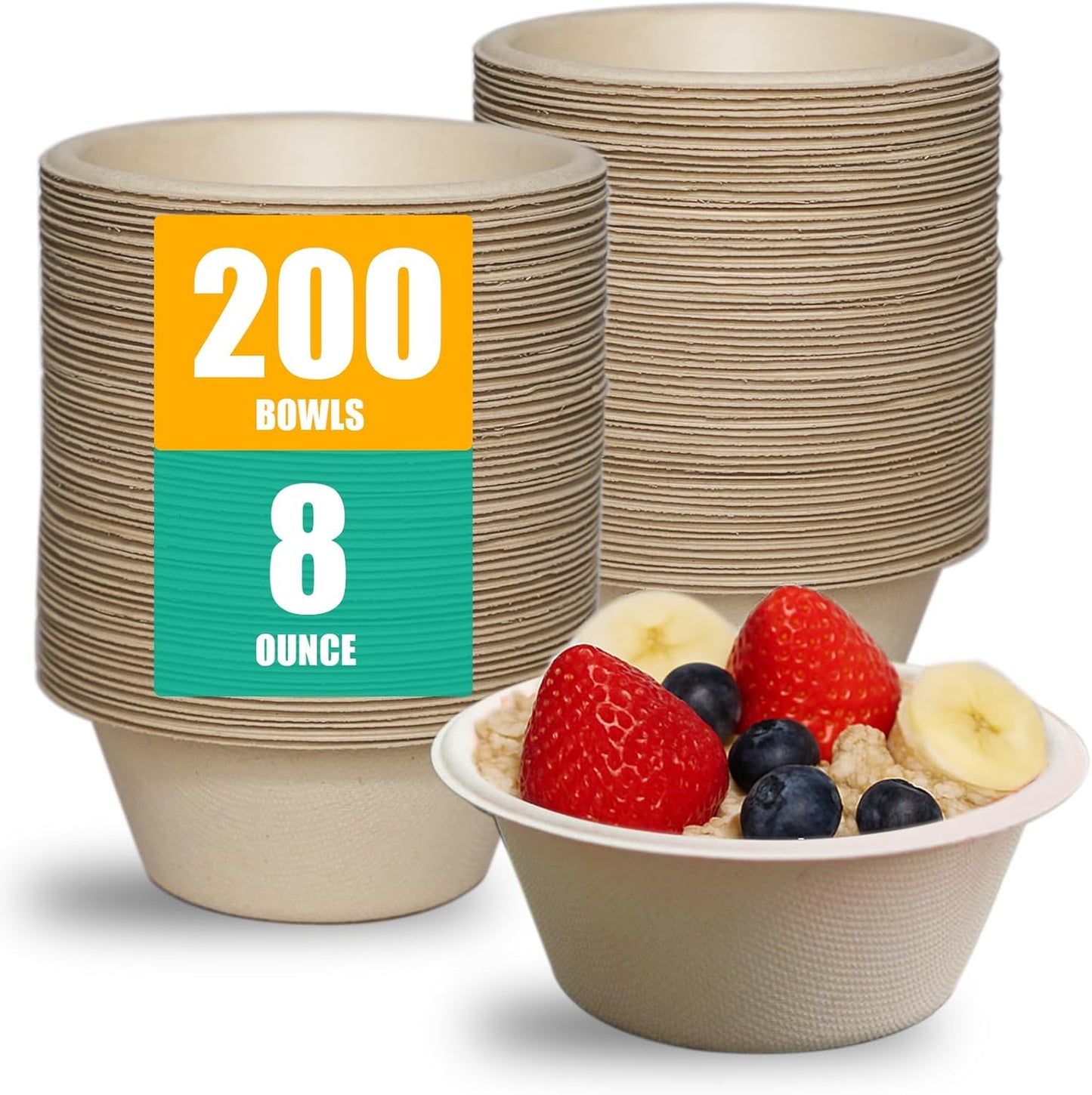 200 Count 12 oz Paper Bowls, Disposable Compostable Bowls Bulk, Heavy Duty Biodegradable Bagasse Bowl for Snacks, Soup, and Salads, White