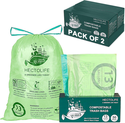 13 Gallon,50 Count, Compostable Trash Bags with Drawstring,Tear Resistant Kitchen Food Scrap Waste Bag, ASTM D6400, US BPI and Europe OK Compost Home Certified
