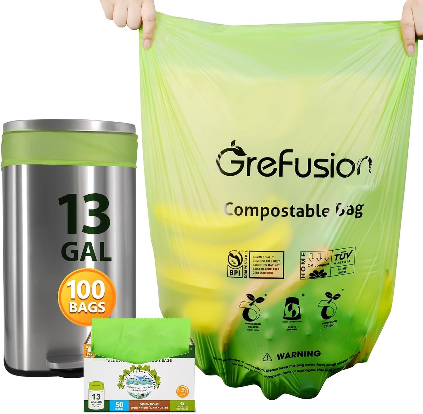 GreFusion Compostable Bags for Kitchen Compost Bin, 1.2 Gallon, 125 Count, Certified by BPI and ASTM, Leakproof and Odor Control