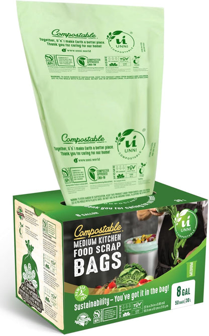 UNNI Compostable Trash Bags, 3 Gallon / 11.35 Liter, 100 Count, Extra Thick 0.71 Mil Small Kitchen Food Scrap Bin Liners, Certified by BPI, CMA & OK compost HOME, Meets the ASTM D6400 Standard