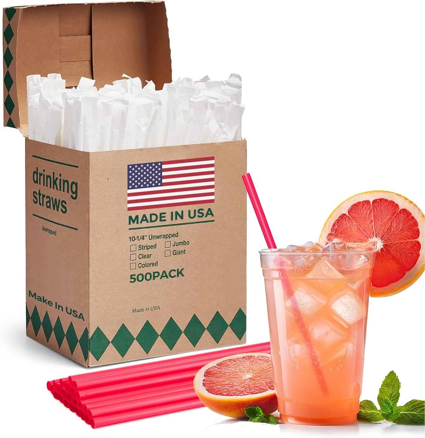 Glotoch Express 500PCS Individually Wrapped Clear Plastic Straws, 7.75'' Long, 0.24'' Diameter Disposable Drinking Straws for Every Occasion, Party, Made in USA