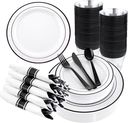 WELLIFE 350-Piece Gold Disposable Plates and Cutlery Set - Premium 10.25" Dinner Plates, 7.5" Dessert Plates, 9oz Cups & Cutlery for Weddings, Catering Events - 50 Guest Service - Elegant & Sturdy