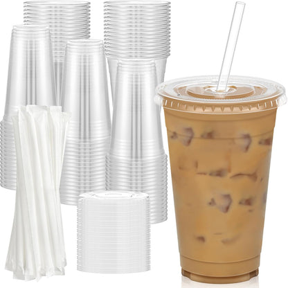100 Pack - 16 oz Clear Plastic Cups with Lids and Straws, Sturdy & Food Safe Iced Coffee Cups with lids, Disposable Plastic Smoothie Cups for Cold Drinks