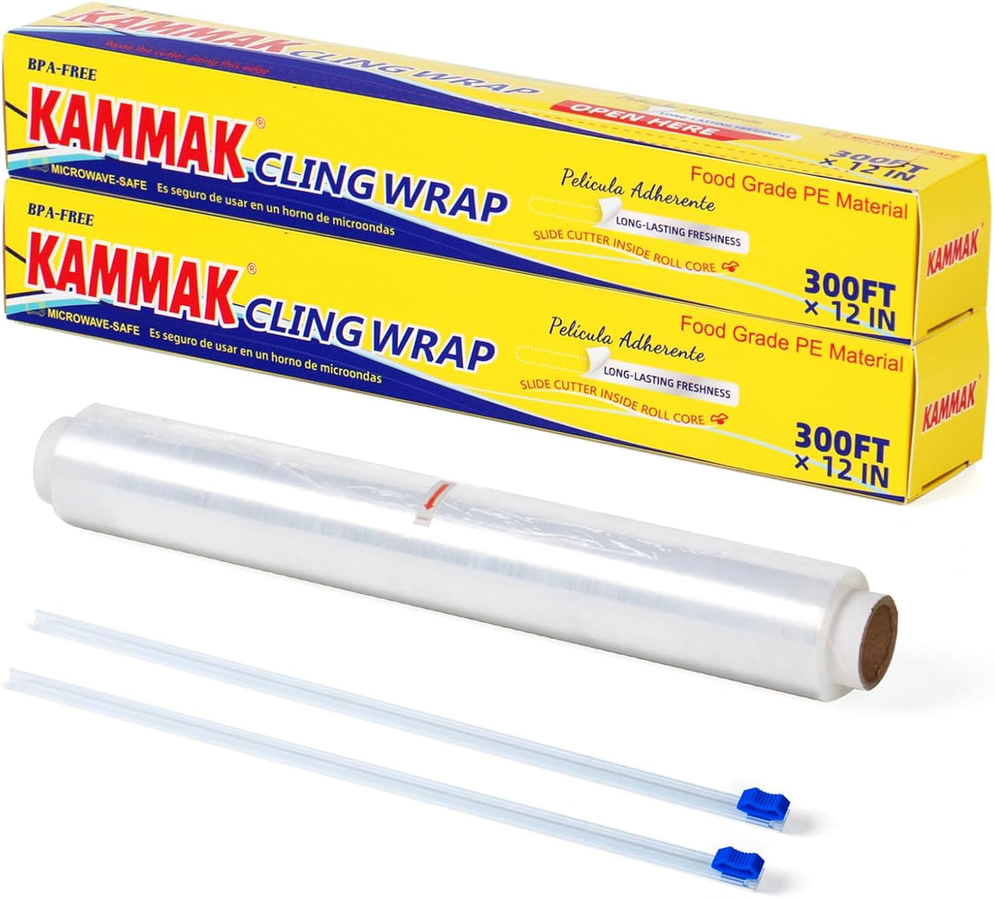 KAMMAK Plastic Food Wrap with Slide Cutter Kitchen Cling Wrap 12 inch Professional BPA Free Polyethylene Materials Quick Cut 750 Ft Food Service Cling Film Wrap for Restaurant