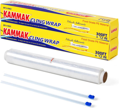 KAMMAK Plastic Food Wrap with Slide Cutter Kitchen Cling Wrap 12 inch Professional BPA Free Polyethylene Materials Quick Cut 750 Ft Food Service Cling Film Wrap for Restaurant