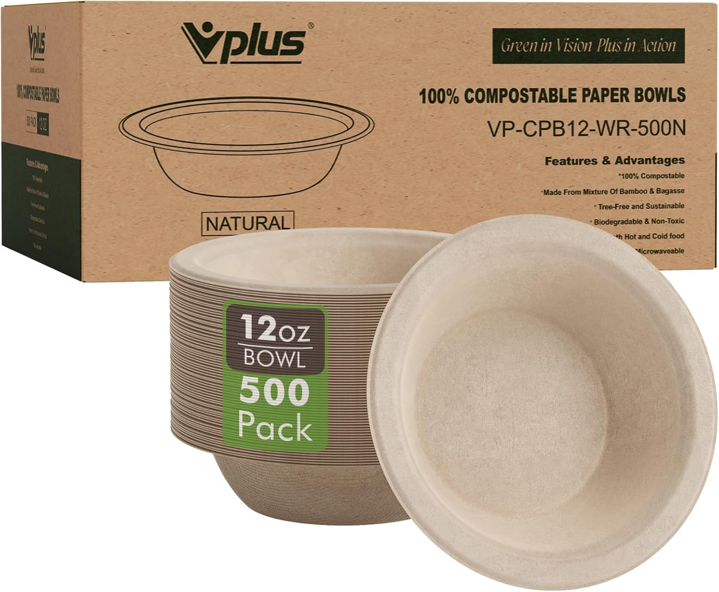 Vplus 500 Pack 12 OZ Paper Bowls Bulk, Disposable Compostable, Eco-friendly Bagasse, Heavy-duty Bowls Perfect for Milk Cereals, Snacks, Salads