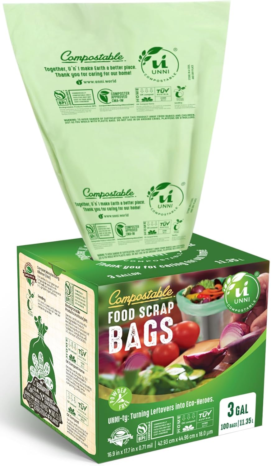UNNI Compostable Trash Bags, 2.6 Gallon / 9.84 Liter, 100 Count, Extra Thick 0.71 Mil Small Kitchen Food Scrap Bin Liners, Certified by BPI, CMA & OK compost HOME, Meets the ASTM D6400 Standard