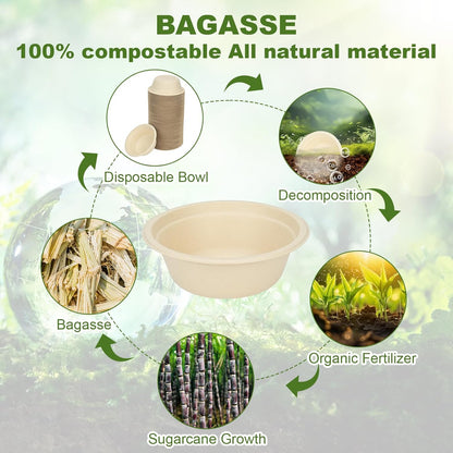 125 Pack 12 OZ Paper Bowls, Natural Compostable Disposable Soup Bowls, Eco-Friendly Bagasse Serving Plates and Bowls for Hot Food or Cold Use
