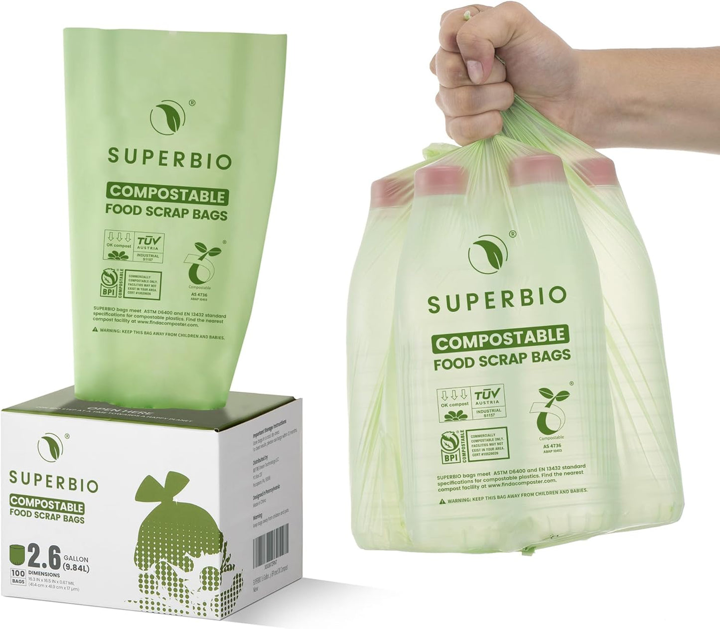 SUPERBIO 2.6 Gallon Compostable Bags with Handles, 100 Count,1 Pack, Food Scrap Bags Certified by BPI and OK compost INDUSTRIAL, 9.84L