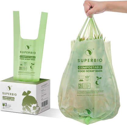SUPERBIO 2.6 Gallon Compostable Bags with Handles, 100 Count,1 Pack, Food Scrap Bags Certified by BPI and OK compost INDUSTRIAL, 9.84L