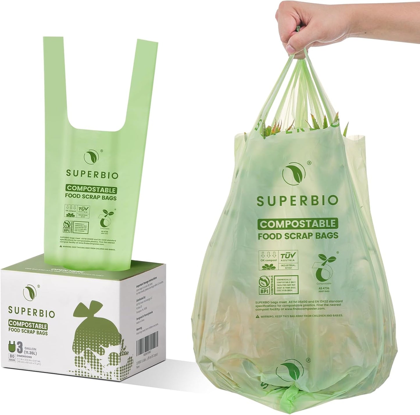 SUPERBIO 1.6 Gallon Handle Tie Compostable Food Scrap Bags For Counter Top Compost Bin, Small Compost Bags, 50 Count, 6 Liter, BPI & OK compost INDUSTRIAL Certified