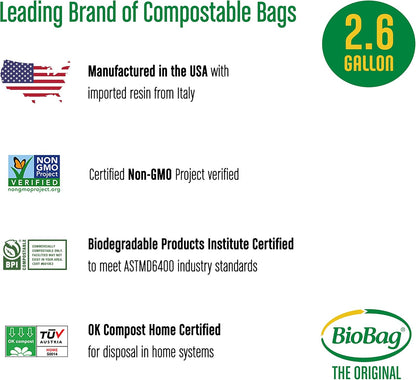 BioBag, 2.6 Gallon Compostable Food Scrap Bags, 100 Count Kitchen Counter Compost Bin Liners, BPI Certified, ASTM D6400, Made in USA