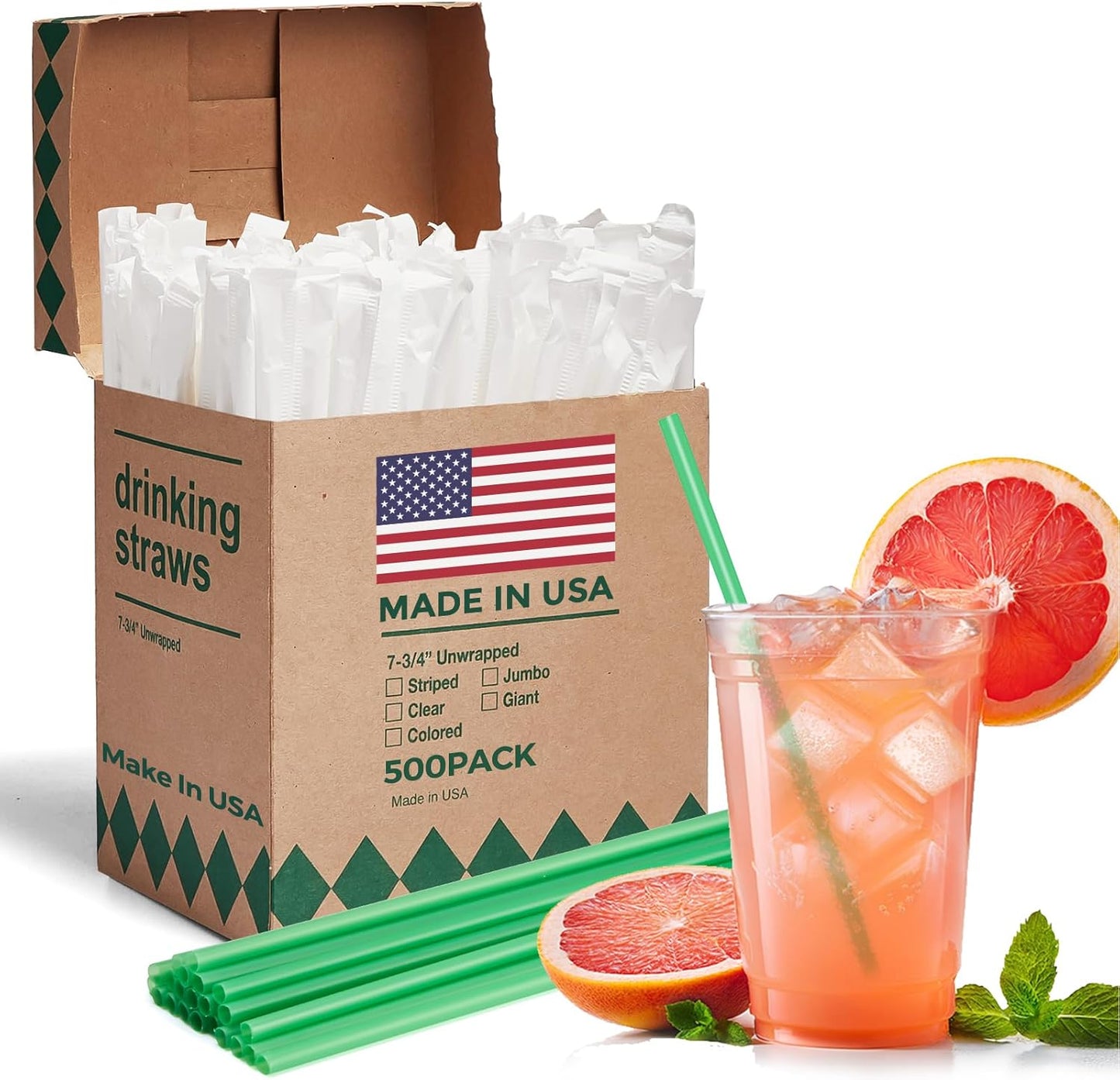 Glotoch Express 500PCS Individually Wrapped Clear Plastic Straws, 7.75'' Long, 0.24'' Diameter Disposable Drinking Straws for Every Occasion, Party, Made in USA
