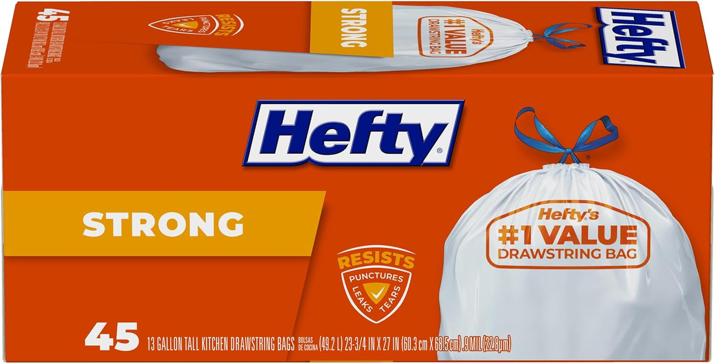 Hefty Strong White 13 Gallon Trash Bags with Drawstrings, Unscented Tall Kitchen Trash Bags, Resists Leaks, Punctures, and Tears, Durable Closure, 120 Ct.