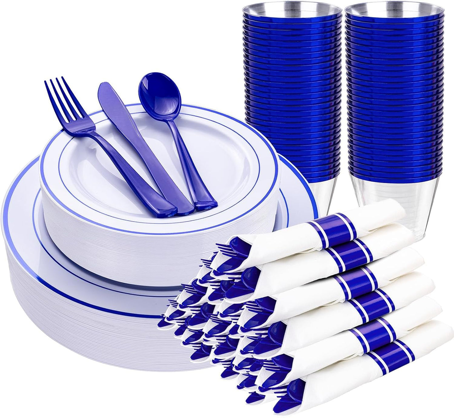 WELLIFE 350-Piece Gold Disposable Plates and Cutlery Set - Premium 10.25" Dinner Plates, 7.5" Dessert Plates, 9oz Cups & Cutlery for Weddings, Catering Events - 50 Guest Service - Elegant & Sturdy