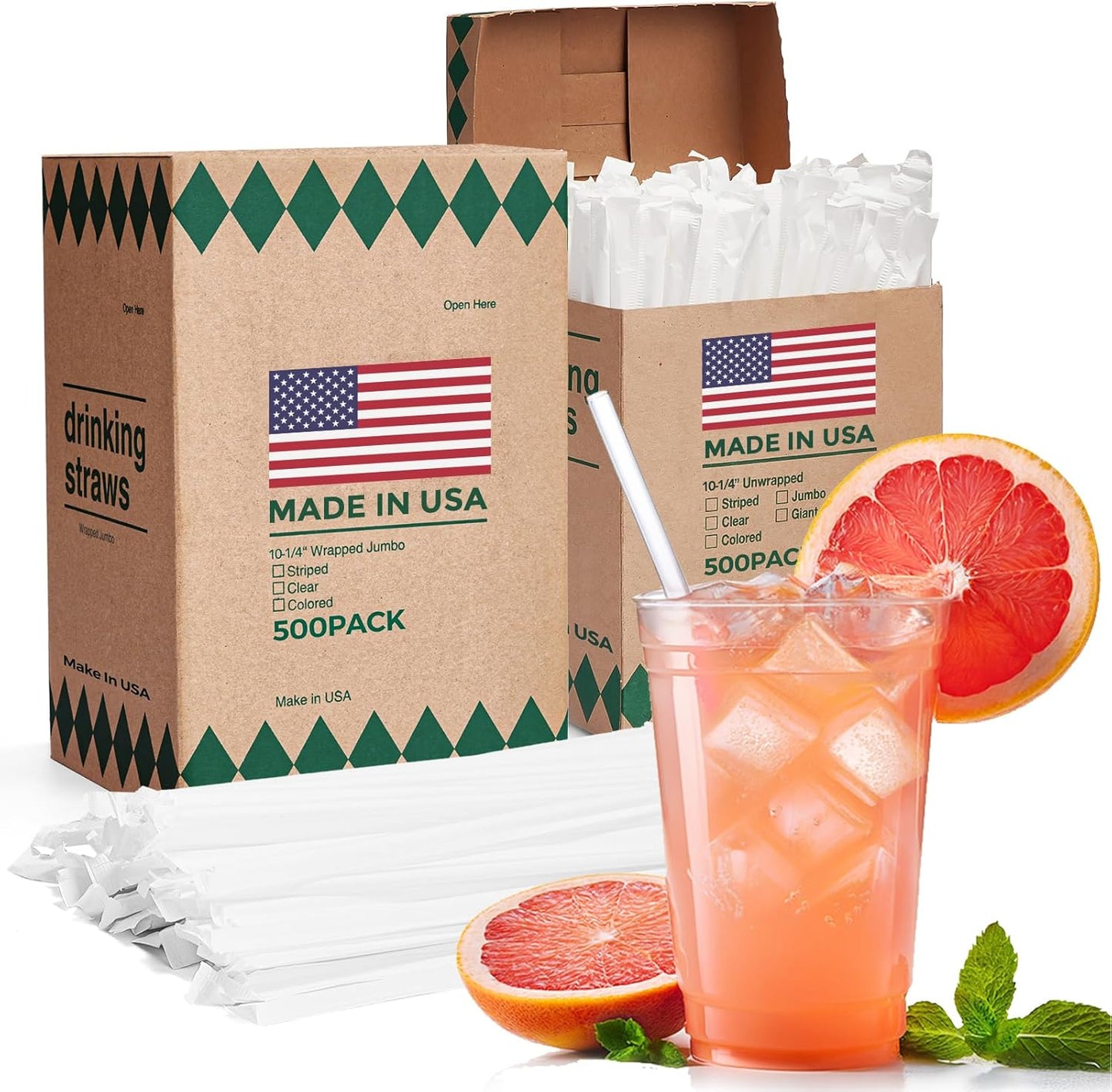 Glotoch Express 500PCS Individually Wrapped Clear Plastic Straws, 7.75'' Long, 0.24'' Diameter Disposable Drinking Straws for Every Occasion, Party, Made in USA