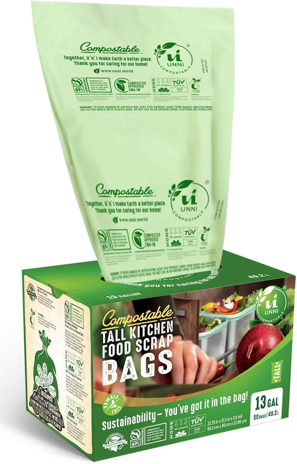 UNNI Compostable Trash Bags, 3 Gallon / 11.35 Liter, 100 Count, Extra Thick 0.71 Mil Small Kitchen Food Scrap Bin Liners, Certified by BPI, CMA & OK compost HOME, Meets the ASTM D6400 Standard