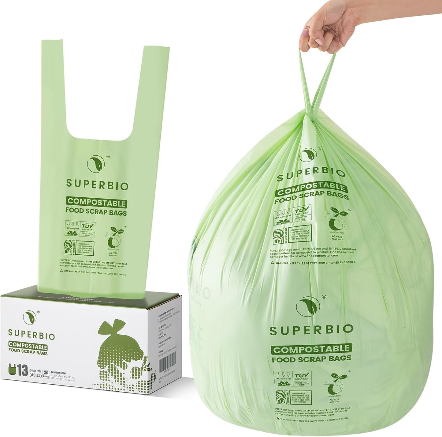 SUPERBIO 2.6 Gallon Compostable Bags with Handles, 100 Count,1 Pack, Food Scrap Bags Certified by BPI and OK compost INDUSTRIAL, 9.84L
