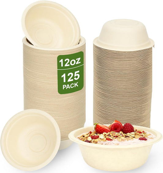125 Pack 12 OZ Paper Bowls, Natural Compostable Disposable Soup Bowls, Eco-Friendly Bagasse Serving Plates and Bowls for Hot Food or Cold Use