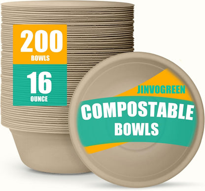 200 Count 12 oz Paper Bowls, Disposable Compostable Bowls Bulk, Heavy Duty Biodegradable Bagasse Bowl for Snacks, Soup, and Salads, White