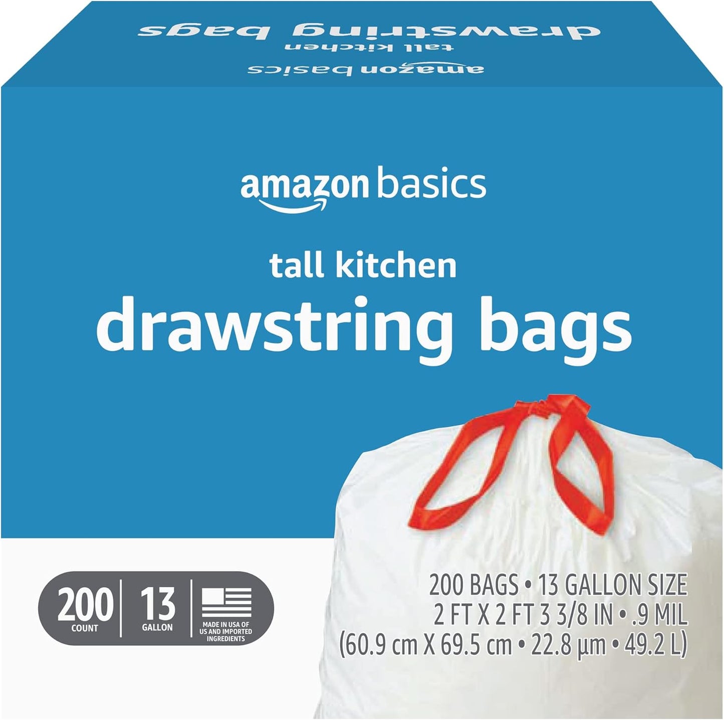 Amazon Basics Tall Kitchen Drawstring Trash Bags, 13 Gallon, Unscented, 45 Count
