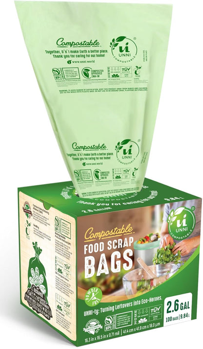 UNNI Compostable Trash Bags, 13 Gallon / 49.2 Liter, 50 Count, Extra Thick 0.9 Mil Tall Kitchen Food Scrap Bin Liners, Certified by BPI, CMA & OK compost HOME, Meets the ASTM D6400 Standard