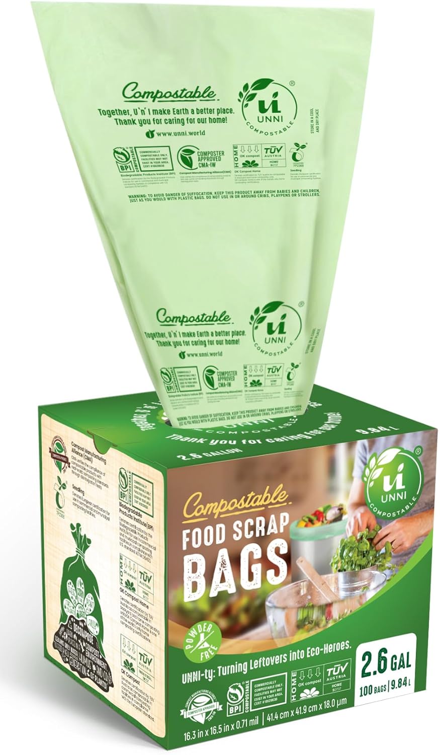 UNNI Compostable Trash Bags, 3 Gallon / 11.35 Liter, 100 Count, Extra Thick 0.71 Mil Small Kitchen Food Scrap Bin Liners, Certified by BPI, CMA & OK compost HOME, Meets the ASTM D6400 Standard