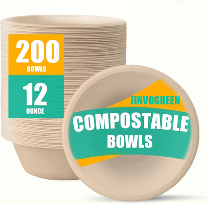 200 Count 12 oz Paper Bowls, Disposable Compostable Bowls Bulk, Heavy Duty Biodegradable Bagasse Bowl for Snacks, Soup, and Salads, White