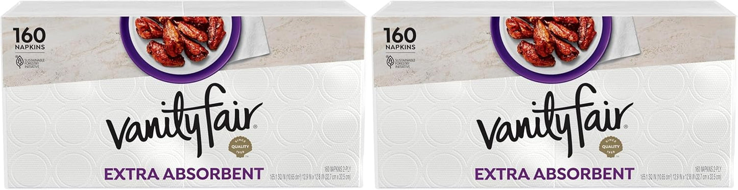 Vanity Fair Extra Absorbent Premium Paper Napkins, 160 Count, Disposable Napkins Made Soft And Strong For Messy Meals And Everyday Use