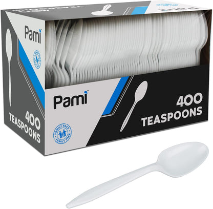 PAMI 400-Pack Medium Weight Disposable Plastic Teaspoons, Bulk Utensils for Parties, Weddings, Catering, Plastic Forks in Bulk Available (Teaspoons White)