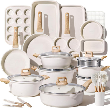 CAROTE ICE 35pcs Pots and Pans Set, Nonstick Cookware Sets, White Granite Induction Cookware with Kitchen Knife Set