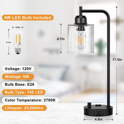 Industrial Bedside Table Lamp for Bedroom - Nightstand Lamps with USB C Charging Port, Fully Dimmable Black Lamps with USB Ports and Outlets, Small Desk Lamp with Glass Shade for Office Living Room