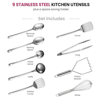 Stainless-Steel Kitchen Utensil Set - 10 Piece Set