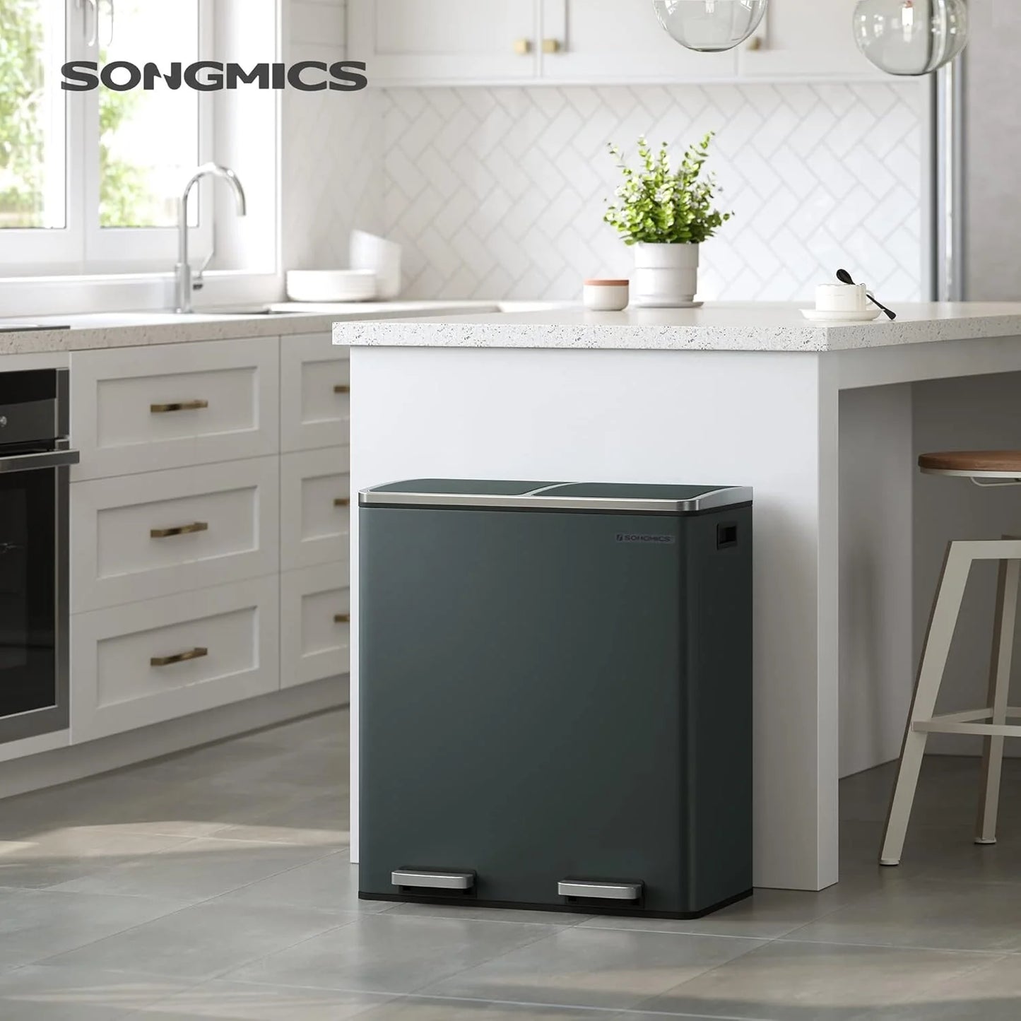 SONGMICS Dual Trash Can, 2x 8 Gallon Stainless Steel Garbage Can, Gray