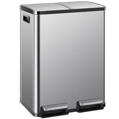 Large 60 Liter Stainless Steel Trash Can, Dual Compartment Plastic Inner Bucket (2 x 8 Gallon)