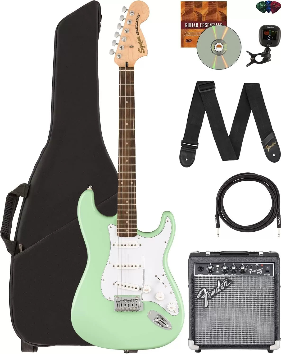 Fender Squier Stratocaster - Sunburst Bundle with Frontman 10G Amp, Gig Bag, Instrument Cable, Tuner, Strap, Picks, Fender Play Online Lessons, Instructional Book, and Austin Bazaar Instructional DVD